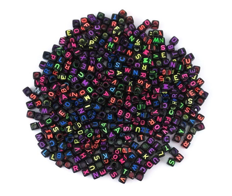 yueton 500pcs 6mm Acrylic Mixed Color Alphabet Letter Cube Spacer Beads (Black) - Image 1